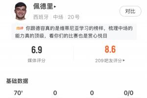 热区图集中在对方半场！佩德里全场数据：传球成功率85.3%，6.9分