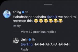 博主AI搞笑视频，哈兰德与维尼修斯评论区互动：我们得还原下这个